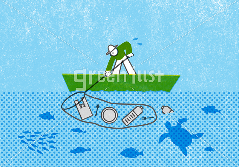 海のプラスチックゴミを拾う人 の無料イラスト Green Illust